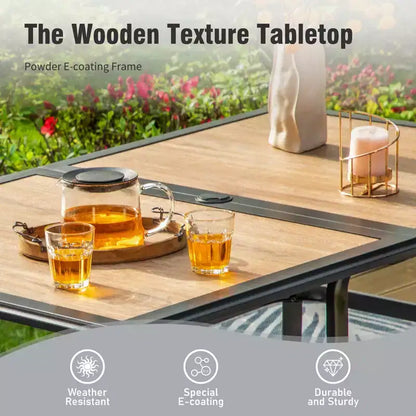 Captiva Designs - Ensemble de 8 pièces pour patio extérieur : Table rectangulaire en acier, chaises pivotantes en rotin et parasol beige
