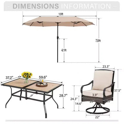Captiva Designs - Ensemble de 8 pièces pour patio extérieur : Table rectangulaire en acier, chaises pivotantes en rotin et parasol beige