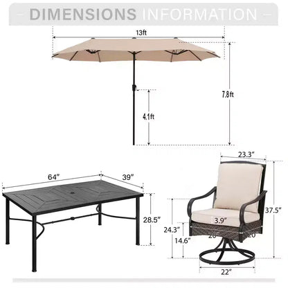 Captiva Designs - Ensemble de 8 pièces pour patio extérieur : Table rectangulaire en acier, chaises pivotantes en rotin et parasol beige