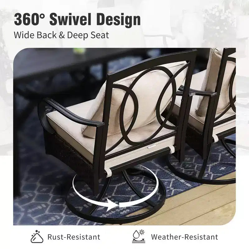 Captiva Designs - Ensemble de 8 pièces pour patio extérieur : Table rectangulaire en acier, chaises pivotantes en rotin et parasol beige