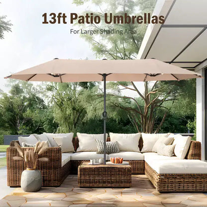 Captiva Designs - Ensemble de 8 pièces pour patio extérieur : Table rectangulaire en acier, chaises pivotantes en rotin et parasol beige