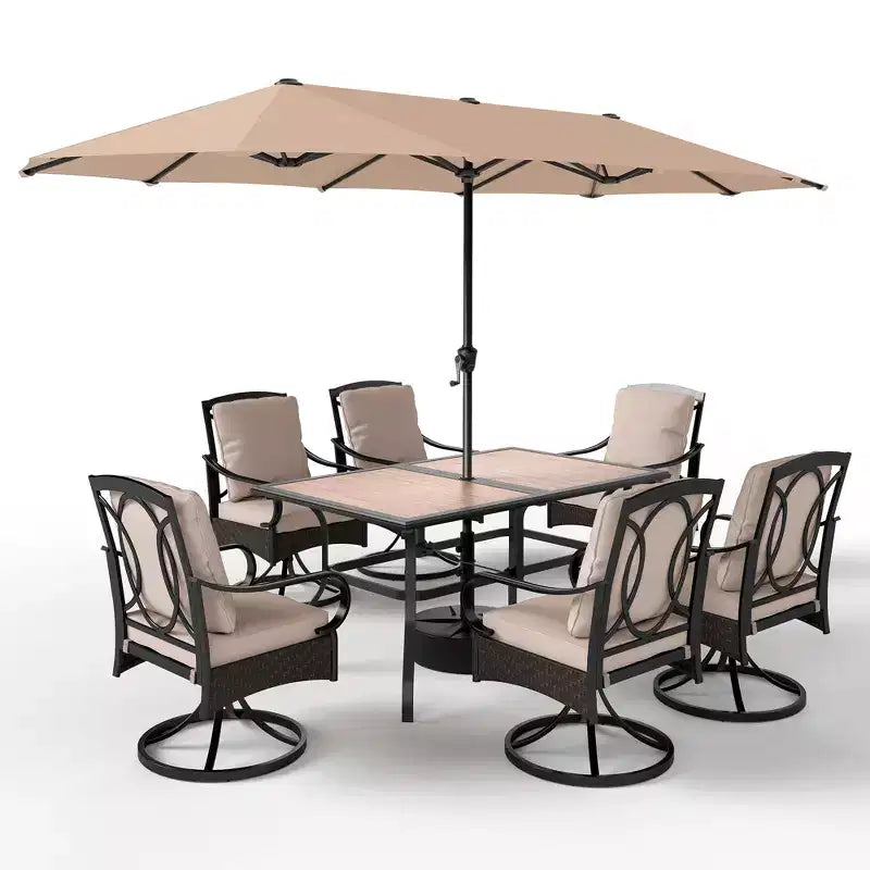 Captiva Designs - Ensemble de 8 pièces pour patio extérieur : Table rectangulaire en acier, chaises pivotantes en rotin et parasol beige