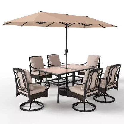 Captiva Designs - Ensemble de 8 pièces pour patio extérieur : Table rectangulaire en acier, chaises pivotantes en rotin et parasol beige