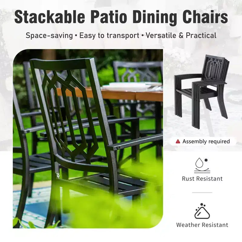 Ensemble de salle à manger d'extérieur Captiva Designs 7 pièces avec table rectangulaire à lattes et chaises empilables en métal