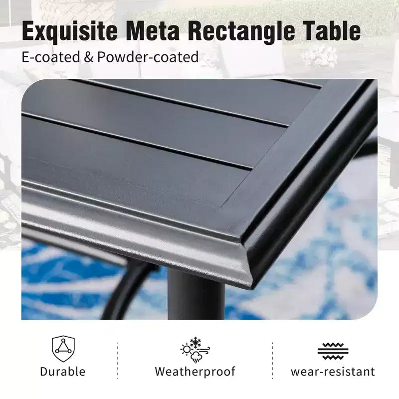 Ensemble de salle à manger d'extérieur Captiva Designs 7 pièces avec table rectangulaire à lattes et chaises empilables en métal