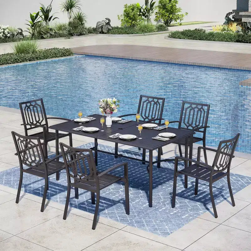 Ensemble de salle à manger d'extérieur Captiva Designs 7 pièces avec table rectangulaire à lattes et chaises empilables en métal