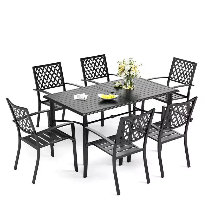 Ensemble de salle à manger d'extérieur Captiva Designs 7 pièces avec table rectangulaire à lattes et chaises empilables en métal