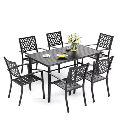 Ensemble de salle à manger d'extérieur Captiva Designs 7 pièces avec table rectangulaire à lattes et chaises empilables en métal