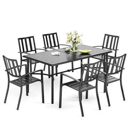 Ensemble de salle à manger d'extérieur Captiva Designs 7 pièces avec table rectangulaire à lattes et chaises empilables en métal
