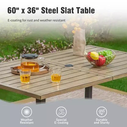 Table rectangulaire d'extérieur Captiva Designs 7 pièces en acier avec trou pour parasol et chaises pivotantes en textilène