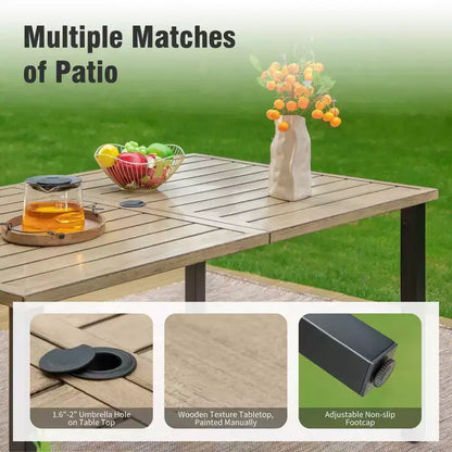 Table rectangulaire d'extérieur Captiva Designs 7 pièces en acier avec trou pour parasol et chaises pivotantes en textilène