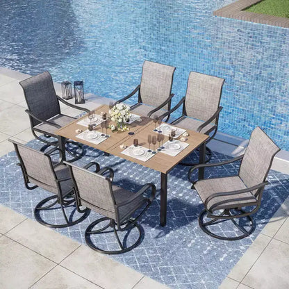 Table rectangulaire d'extérieur Captiva Designs 7 pièces en acier avec trou pour parasol et chaises pivotantes en textilène