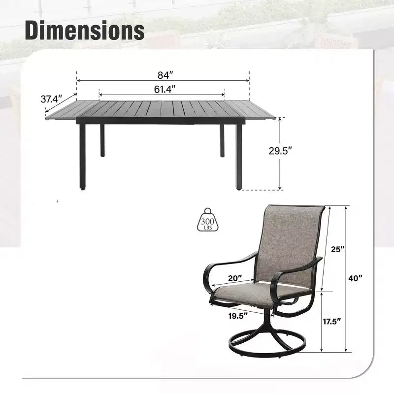 Captiva Designs Table de salle à manger rectangulaire avec plateau à lattes en acier et 6 chaises pivotantes en tissu maillé gris-brun, 7 pièces, pour terrasse extérieure