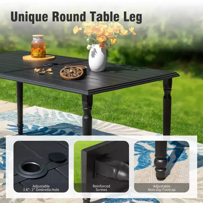 Captiva Designs Table de salle à manger rectangulaire avec plateau à lattes en acier et 6 chaises pivotantes en tissu maillé gris-brun, 7 pièces, pour terrasse extérieure