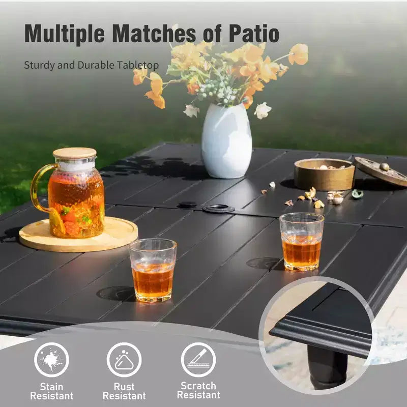 Captiva Designs Table de salle à manger rectangulaire avec plateau à lattes en acier et 6 chaises pivotantes en tissu maillé gris-brun, 7 pièces, pour terrasse extérieure