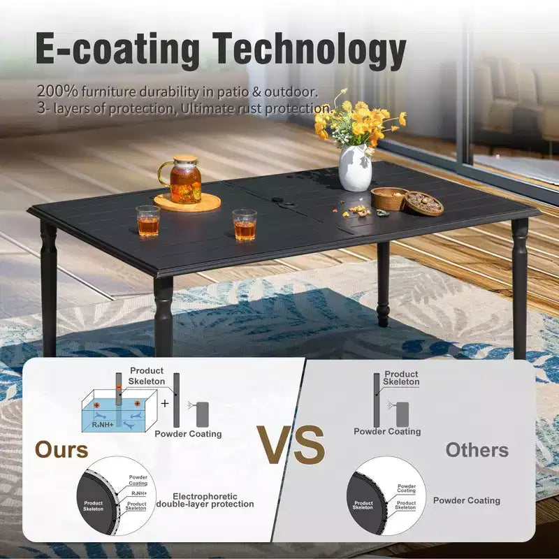 Captiva Designs Table de salle à manger rectangulaire avec plateau à lattes en acier et 6 chaises pivotantes en tissu maillé gris-brun, 7 pièces, pour terrasse extérieure