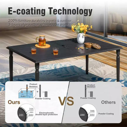 Captiva Designs Table de salle à manger rectangulaire avec plateau à lattes en acier et 6 chaises pivotantes en tissu maillé gris-brun, 7 pièces, pour terrasse extérieure