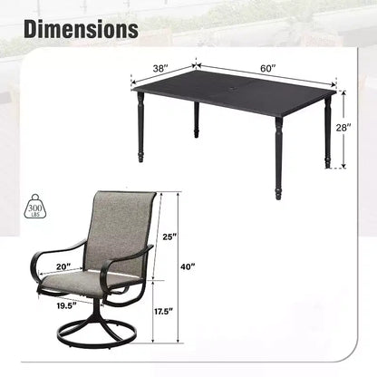 Captiva Designs Table de salle à manger rectangulaire avec plateau à lattes en acier et 6 chaises pivotantes en tissu maillé gris-brun, 7 pièces, pour terrasse extérieure