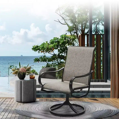 Captiva Designs Table de salle à manger rectangulaire avec plateau à lattes en acier et 6 chaises pivotantes en tissu maillé gris-brun, 7 pièces, pour terrasse extérieure