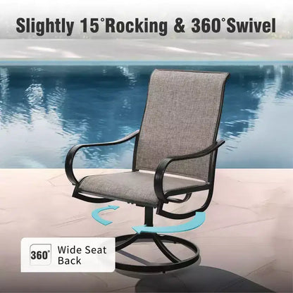 Captiva Designs Table de salle à manger rectangulaire avec plateau à lattes en acier et 6 chaises pivotantes en tissu maillé gris-brun, 7 pièces, pour terrasse extérieure