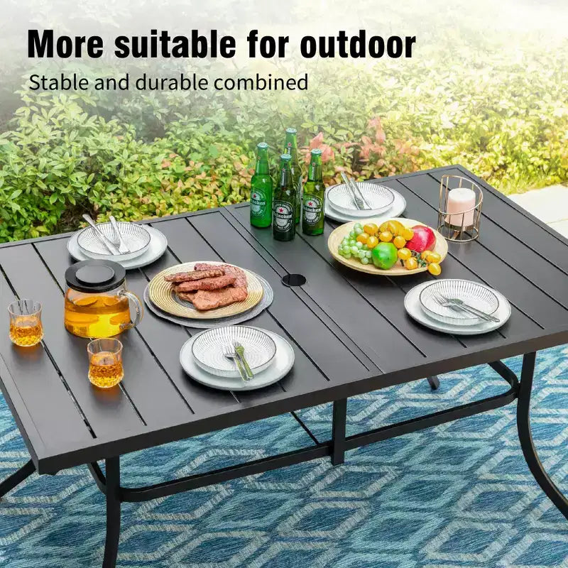 Captiva Designs Ensemble de salle à manger de jardin 7 pièces avec table rectangulaire en acier et chaises pliantes inclinables en textilène pré-assemblées