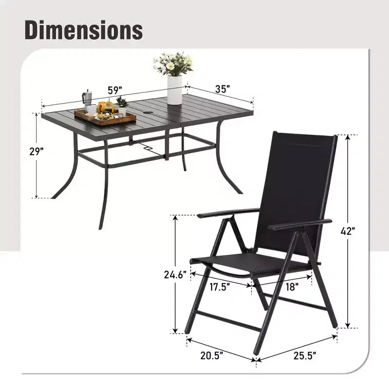 Captiva Designs Ensemble de salle à manger de jardin 7 pièces avec table rectangulaire en acier et chaises pliantes inclinables en textilène pré-assemblées