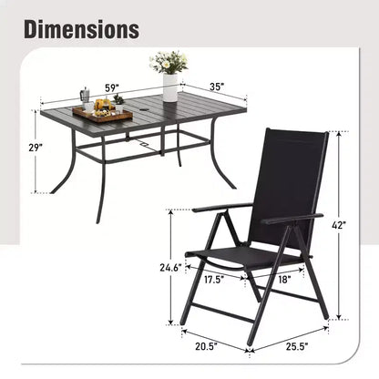 Captiva Designs Ensemble de salle à manger de jardin 7 pièces avec table rectangulaire en acier et chaises pliantes inclinables en textilène pré-assemblées