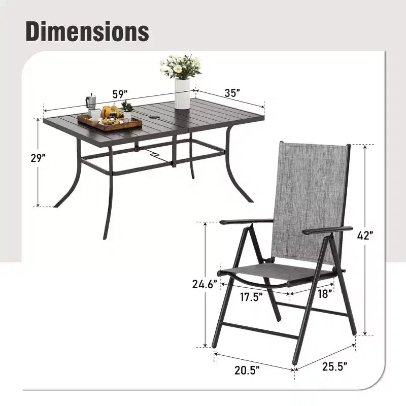 Captiva Designs Ensemble de salle à manger de jardin 7 pièces avec table rectangulaire en acier et chaises pliantes inclinables en textilène pré-assemblées