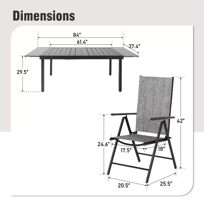 Captiva Designs Ensemble de salle à manger de jardin 7 pièces avec table rectangulaire en acier et chaises pliantes inclinables en textilène pré-assemblées