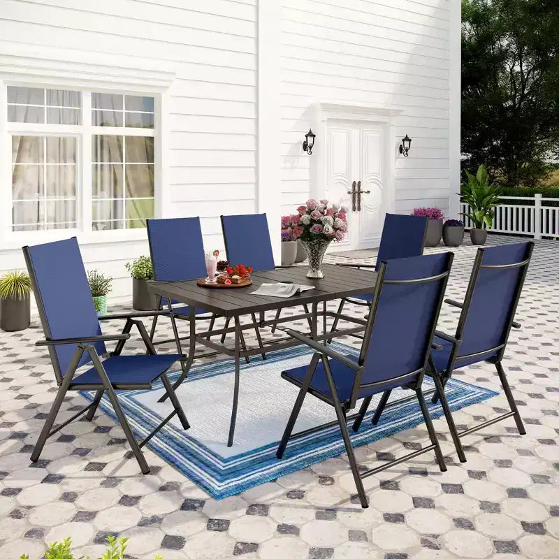 Captiva Designs Ensemble de salle à manger de jardin 7 pièces avec table rectangulaire en acier et chaises pliantes inclinables en textilène pré-assemblées