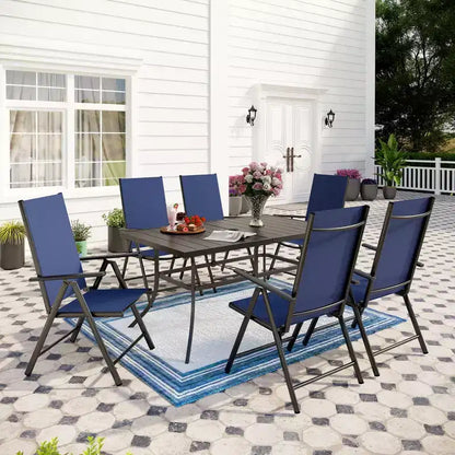 Captiva Designs Ensemble de salle à manger de jardin 7 pièces avec table rectangulaire en acier et chaises pliantes inclinables en textilène pré-assemblées