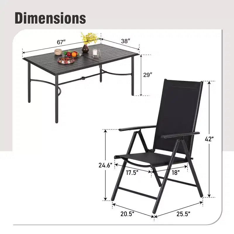 Captiva Designs Ensemble de salle à manger de jardin 7 pièces avec table rectangulaire en acier et chaises pliantes inclinables en textilène pré-assemblées