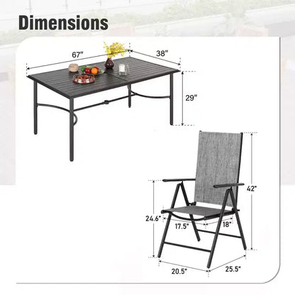 Captiva Designs Ensemble de salle à manger de jardin 7 pièces avec table rectangulaire en acier et chaises pliantes inclinables en textilène pré-assemblées