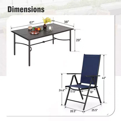 Captiva Designs Ensemble de salle à manger de jardin 7 pièces avec table rectangulaire en acier et chaises pliantes inclinables en textilène pré-assemblées
