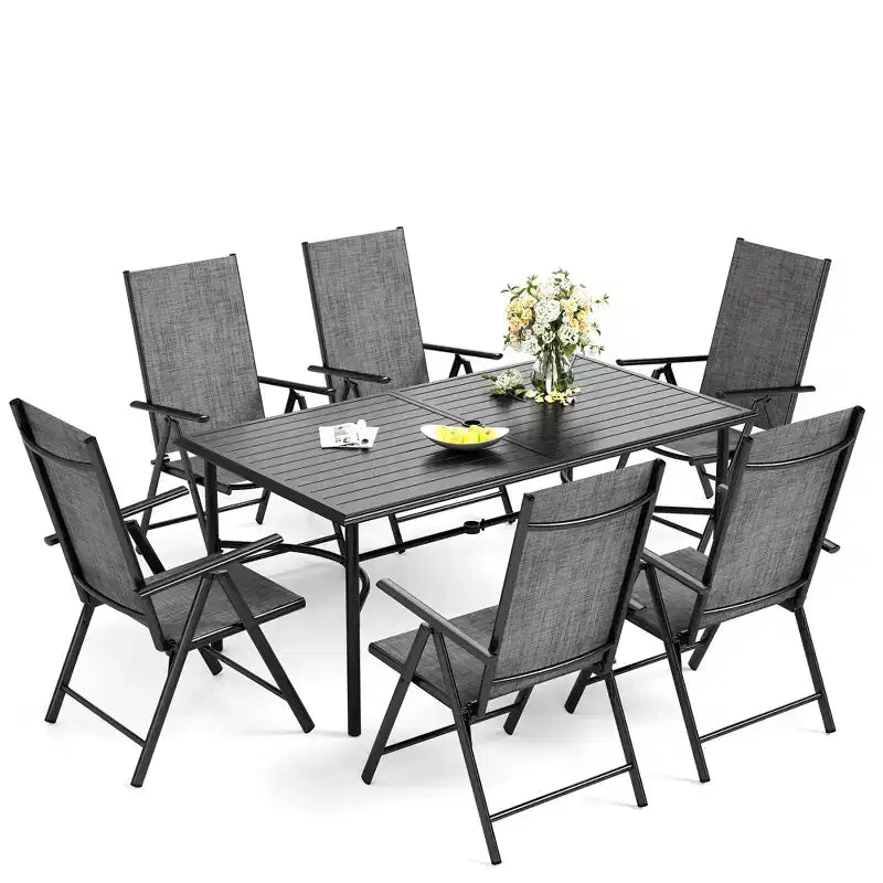 Captiva Designs Ensemble de salle à manger de jardin 7 pièces avec table rectangulaire en acier et chaises pliantes inclinables en textilène pré-assemblées