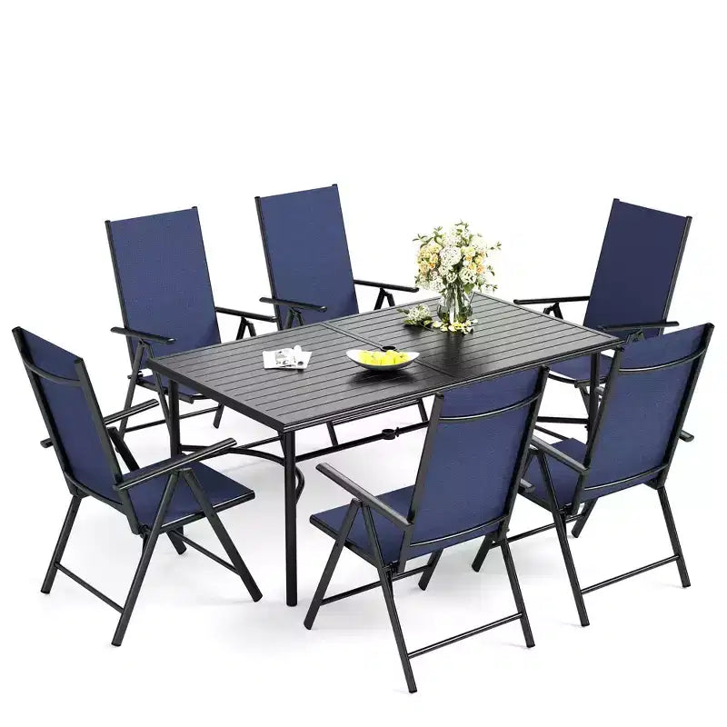 Captiva Designs Ensemble de salle à manger de jardin 7 pièces avec table rectangulaire en acier et chaises pliantes inclinables en textilène pré-assemblées