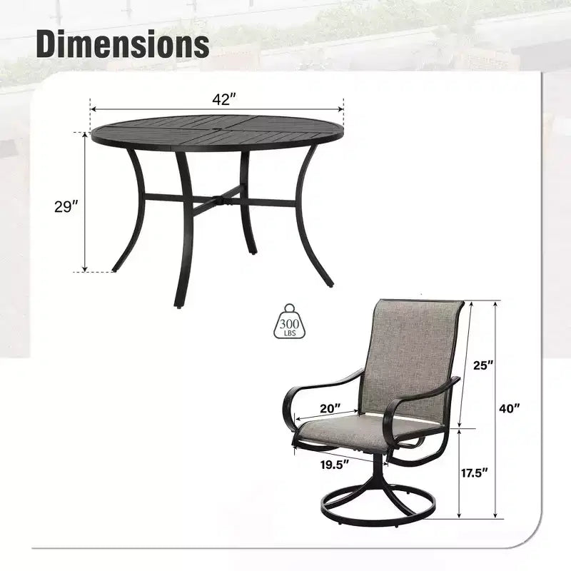 Captiva Designs Set da pranzo da 5 pezzi per patio con tavolo in acciaio e sedie girevoli a 360 gradi in Textilene