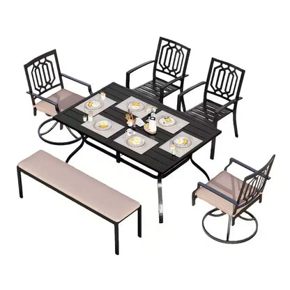 Captiva Designs 6pc Outdoor Patio Slat-top Steel Dining Table & Metal Chairs & Cushioned Bench