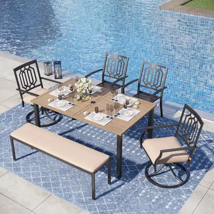 Captiva Designs Set 6 Pezzi da Esterno con Tavolo da Pranzo in Acciaio con Piano a Doghe, Sedie in Metallo e Panca Imbottita