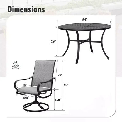 Captiva Designs Set da 7 Pezzi, Tavolo Rotondo in Acciaio a Doghe Nere con Foro per Ombrellone e Sedie Girevoli in Textilene
