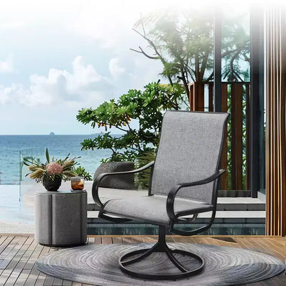 Captiva Designs Set da 7 Pezzi, Tavolo Rotondo in Acciaio a Doghe Nere con Foro per Ombrellone e Sedie Girevoli in Textilene