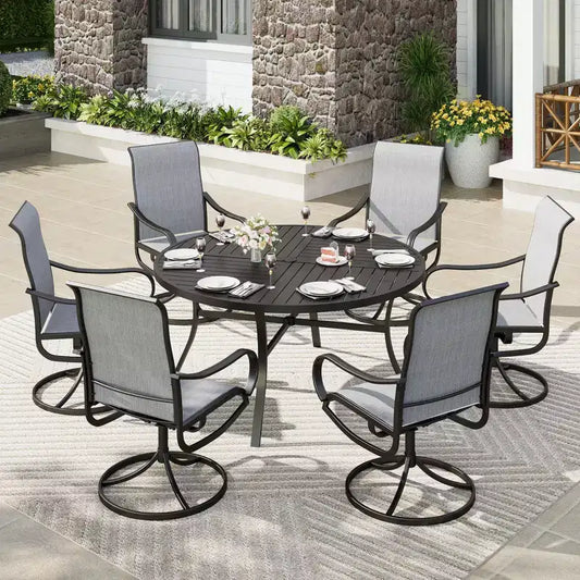 Captiva Designs 7pc Black Round Slatted Steel Table with Umbrella Hole & Textilene Swivel Chairs