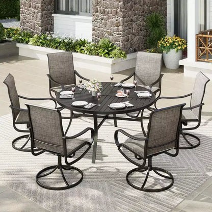 Captiva Designs Set da 7 Pezzi, Tavolo Rotondo in Acciaio a Doghe Nere con Foro per Ombrellone e Sedie Girevoli in Textilene