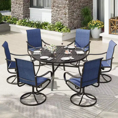 Captiva Designs Set da 7 Pezzi, Tavolo Rotondo in Acciaio a Doghe Nere con Foro per Ombrellone e Sedie Girevoli in Textilene