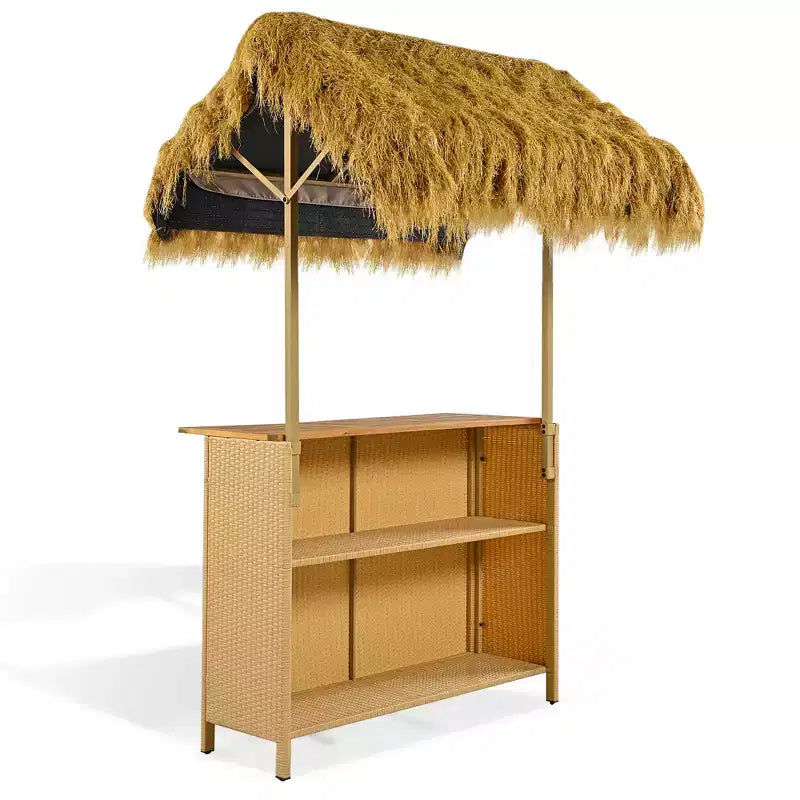 Ensemble de bar de patio 3 pièces, table et tabourets de bar d'extérieur avec auvent, pieds réglables, plateau en bois pour manger et boire, naturel -ModernLuxe