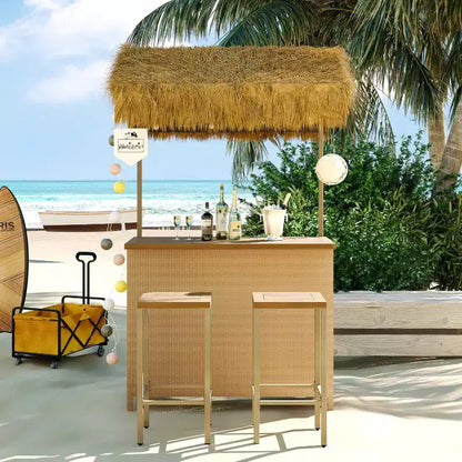 Ensemble de bar de patio 3 pièces, table et tabourets de bar d'extérieur avec auvent, pieds réglables, plateau en bois pour manger et boire, naturel -ModernLuxe