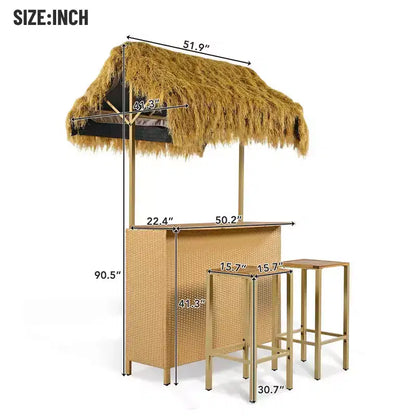 Ensemble de bar de patio 3 pièces, table et tabourets de bar d'extérieur avec auvent, pieds réglables, plateau en bois pour manger et boire, naturel -ModernLuxe