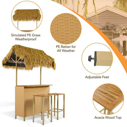 Ensemble de bar de patio 3 pièces, table et tabourets de bar d'extérieur avec auvent, pieds réglables, plateau en bois pour manger et boire, naturel -ModernLuxe