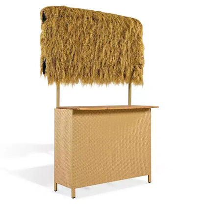 Ensemble de bar de patio 3 pièces, table et tabourets de bar d'extérieur avec auvent, pieds réglables, plateau en bois pour manger et boire, naturel -ModernLuxe