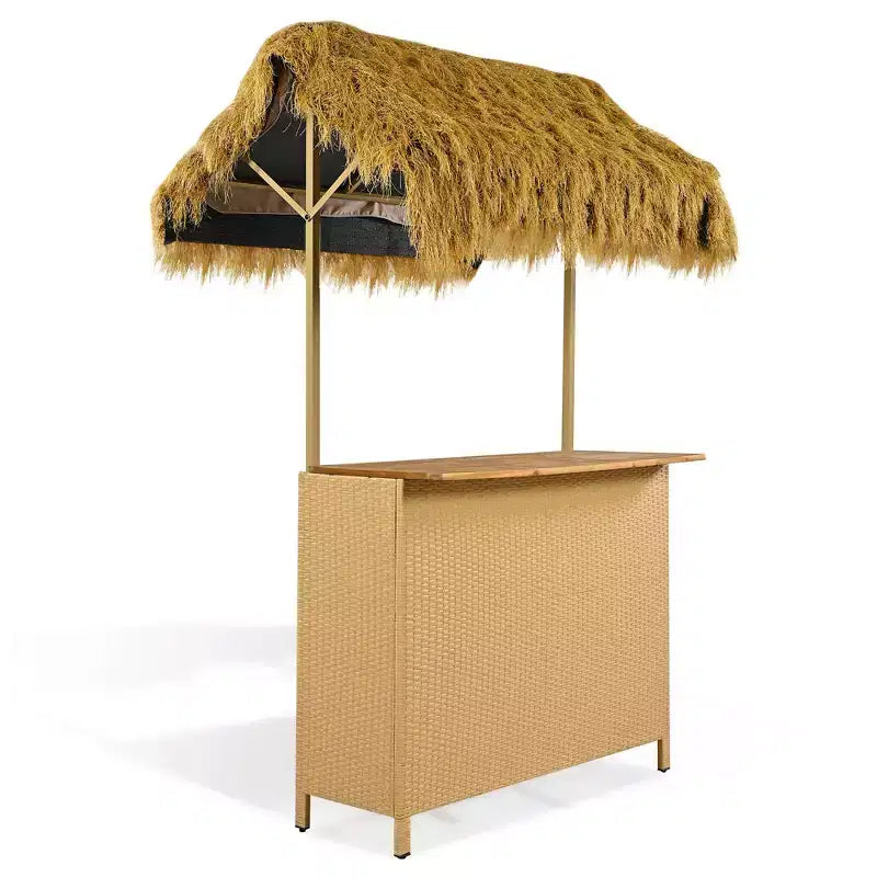 Ensemble de bar de patio 3 pièces, table et tabourets de bar d'extérieur avec auvent, pieds réglables, plateau en bois pour manger et boire, naturel -ModernLuxe